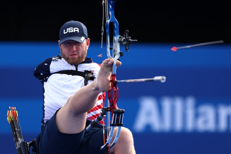 Matt Stutzman of Team United States competes against Jere Foresberg of Team Finland in the Para Archery men's Individual Compound.